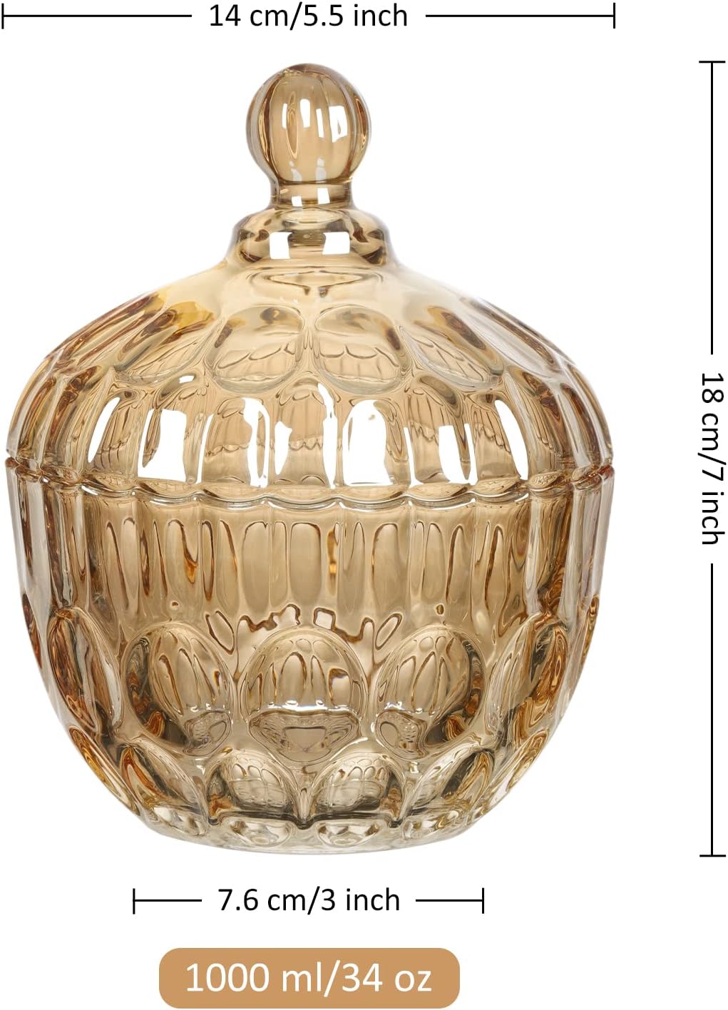 Joeyan Plato de cristal ámbar para dulces con tapa, tarro grande cubierto de vidrio, cuenco decorativo para dulces, recipiente de vidrio en relieve