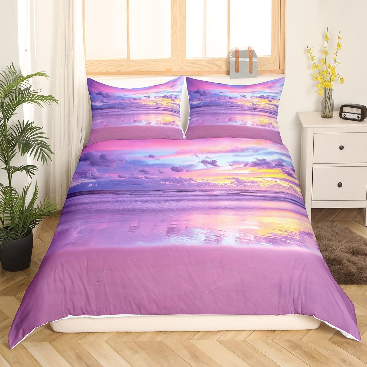 Erosebridal Hawaii Beach – Juego de ropa de cama con diseño de océano para niños y niños, funda de edredón morada con puesta de sol marina, funda de