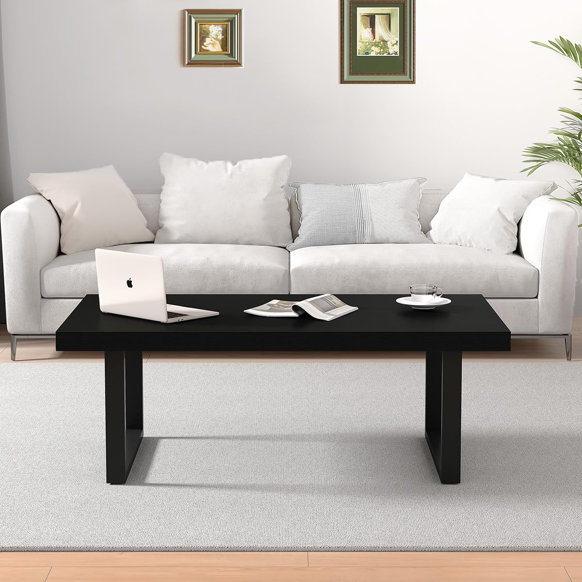 IBF Mesa auxiliar negra, mesa central de madera industrial minimalista, mesa rectangular moderna y sencilla para sala de estar, mesa de café de