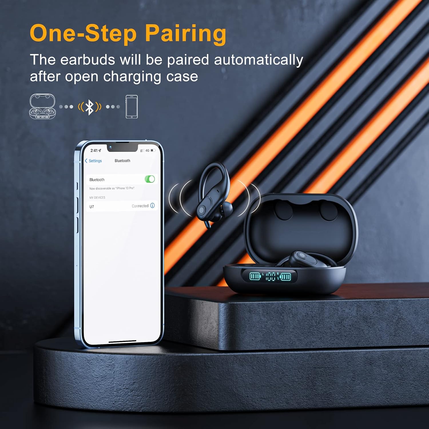 Auriculares inalámbricos Bluetooth 130 horas de reproducción con estuche de carga inalámbrica de 2500 mAh, LED Diaplay Hi-Fi impermeable sobre la