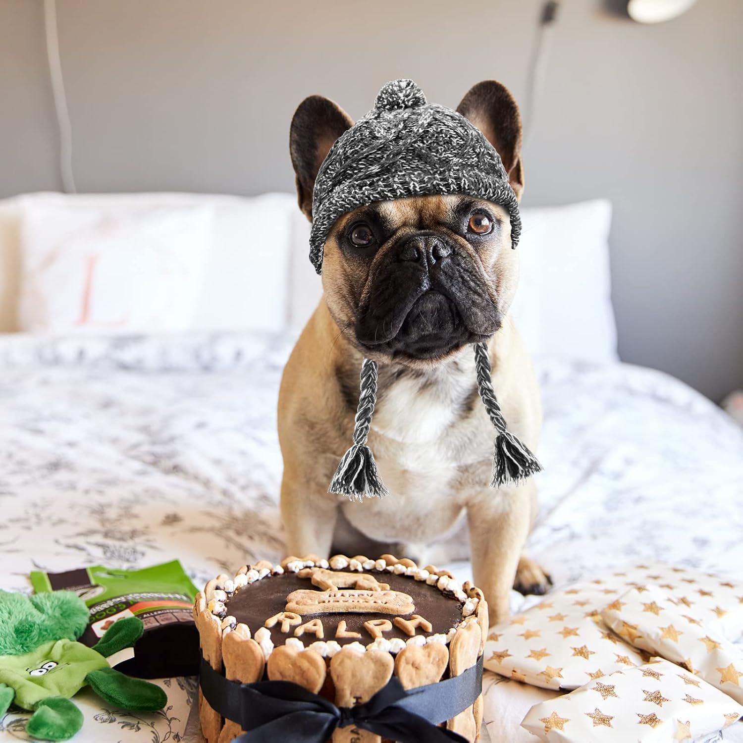 Gorro de invierno para perro, 2 piezas, cálido gorro de pompón, gorro de punto para perro cachorro con agujeros para las orejas, gorro de punto para