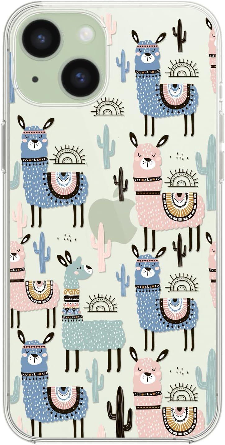 Blingy’s Funda para iPhone 15 Plus, lindo diseño de cactus y llamas, divertido estilo alpaca, diseño de animales de dibujos animados, funda