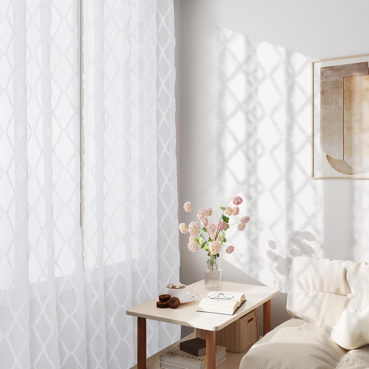 2 paneles de cortinas traslúcidas blancas de 84 pulgadas de largo para sala de estar, pestañas traseras, cortinas traslúcidas texturizadas con