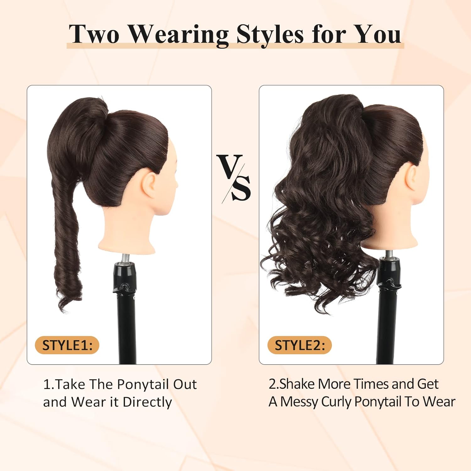 Oseti Extensión de cola de caballo rizada de 14 pulgadas, extensiones de cabello sintético corto ondulado marrón con cordón para mujer, extensiones