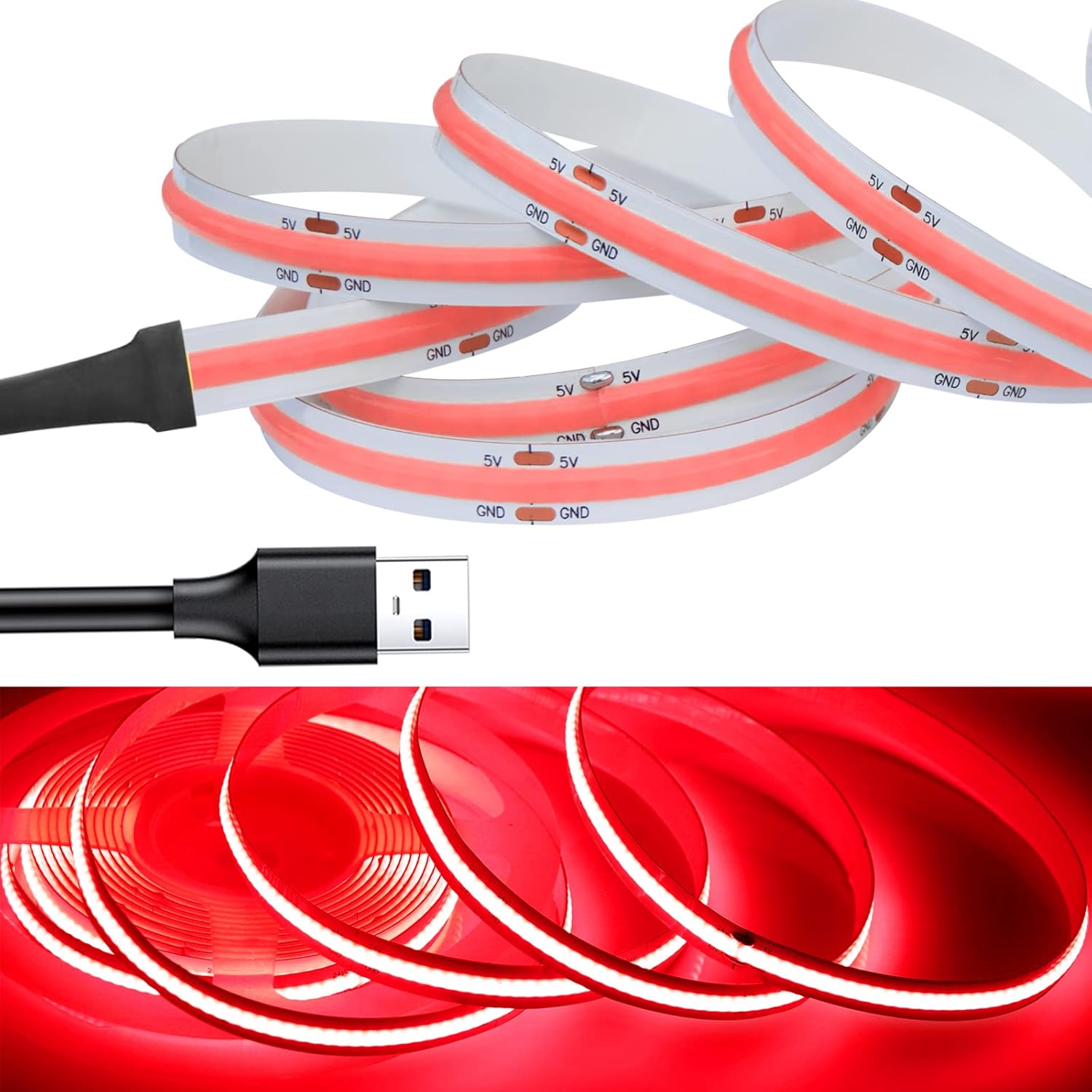 COB Tira de luces LED alimentadas por USB de 5 V, 1.64 pies1.6 ft, cinta LED flexible CRI 80+ 800LMm 320LEDsm para decoración de bricolaje en