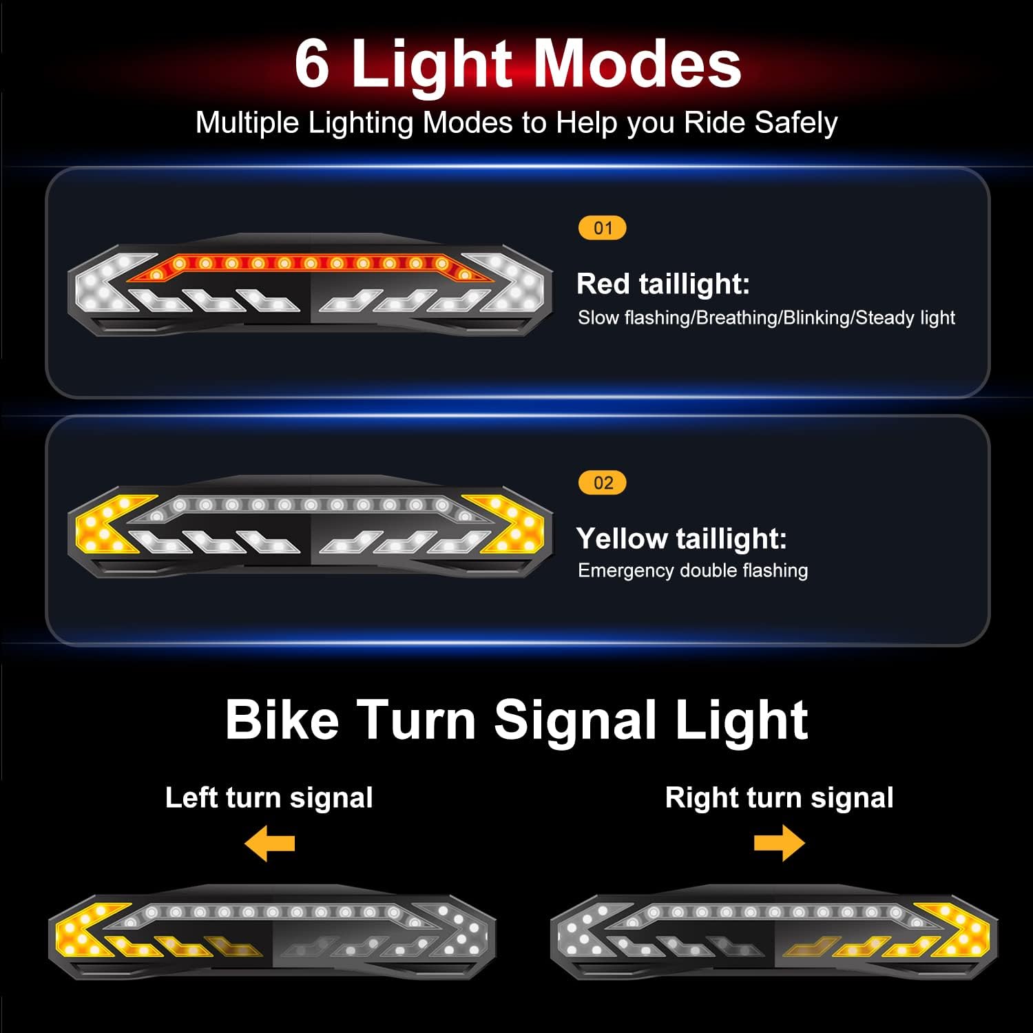 Luz trasera inteligente para bicicleta, señales de giro para bicicleta con alarma, señales de giro de bicicleta recargables por USB con campana de