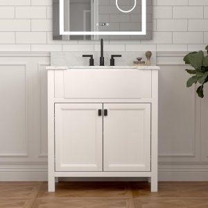 Tocador de baño con lavabo de 30 pulgadas, combo de gabinete de lavabo de baño en blanco, tocador de almacenamiento moderno con puerta de cierre Tocador de baño con lavabo de 30 pulgadas, combo de gabinete de lavabo de baño en blanco, tocador de almacenamiento moderno con puerta de cierre