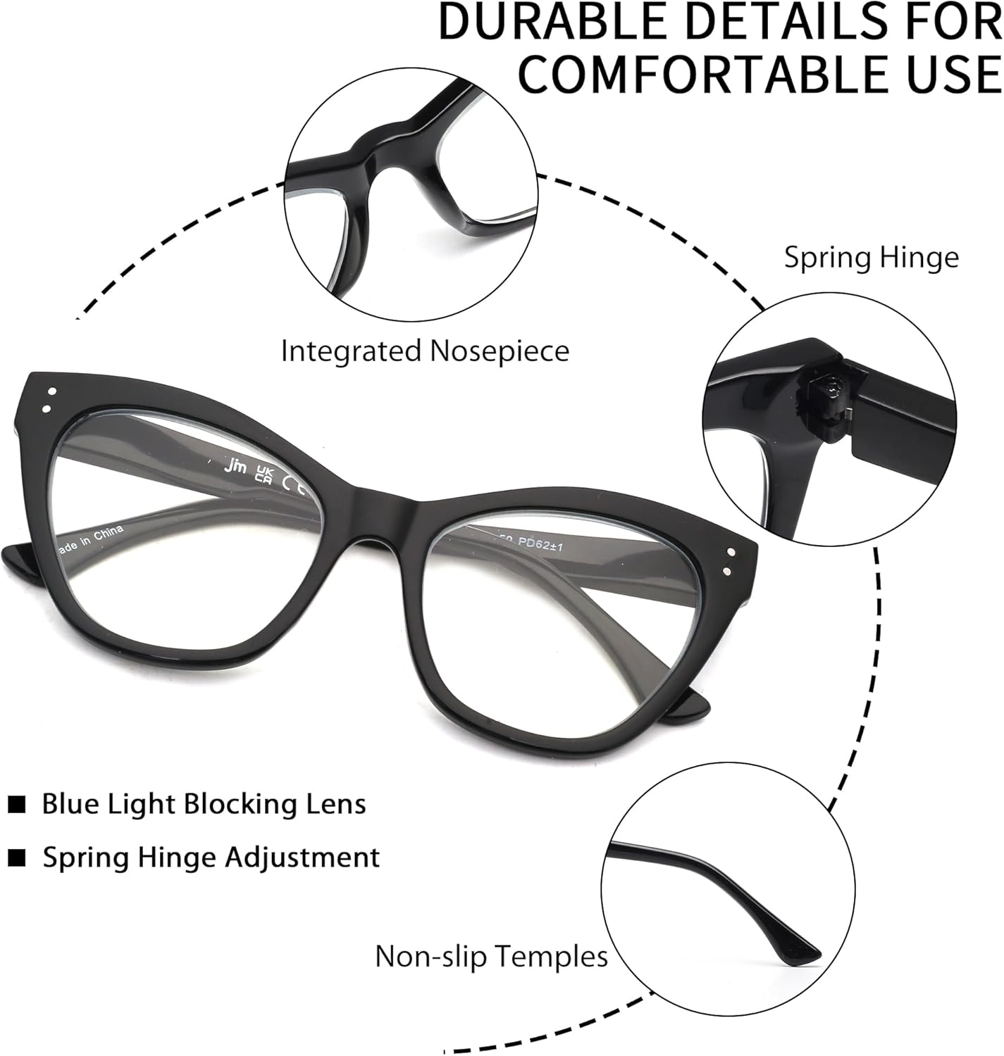JM Paquete de 4 lentes de lectura Cateye con bloqueo de luz azul, lector de computadora para mujeres y hombres, bisagra de resorte