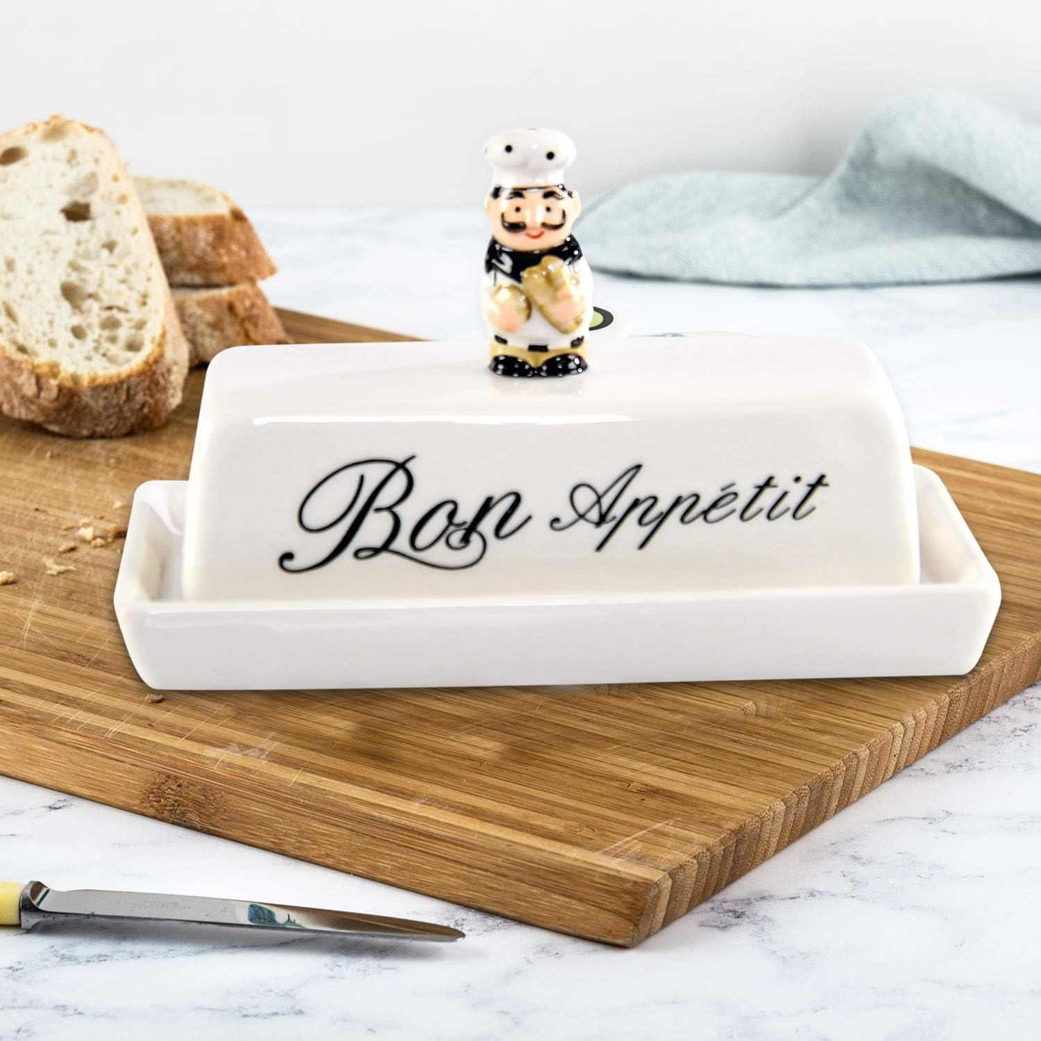 HOME-X Bon Appetit – Mantequillera con tapa, plato blanco para barra de mantequilla, plato con temática de chef, 6  pulgadas de largo x 3  pulgadas