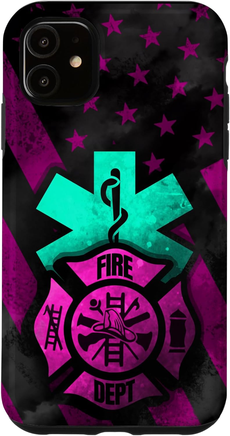 Funda para iPhone 11 EMT EMS Firefighter Pink Turquoise Fire Rescue American Flag