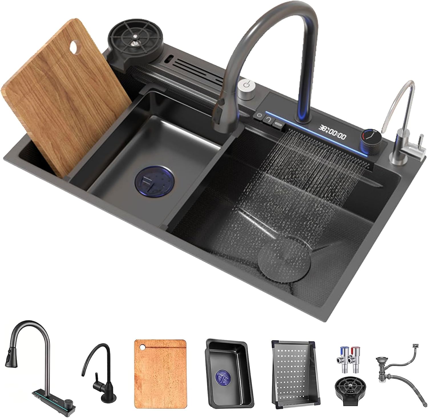 Fregadero de cocina negro de acero inoxidable de 31.5 pulgadas, fregadero con estación de trabajo, fregadero de nano lujo en cascada de panal de