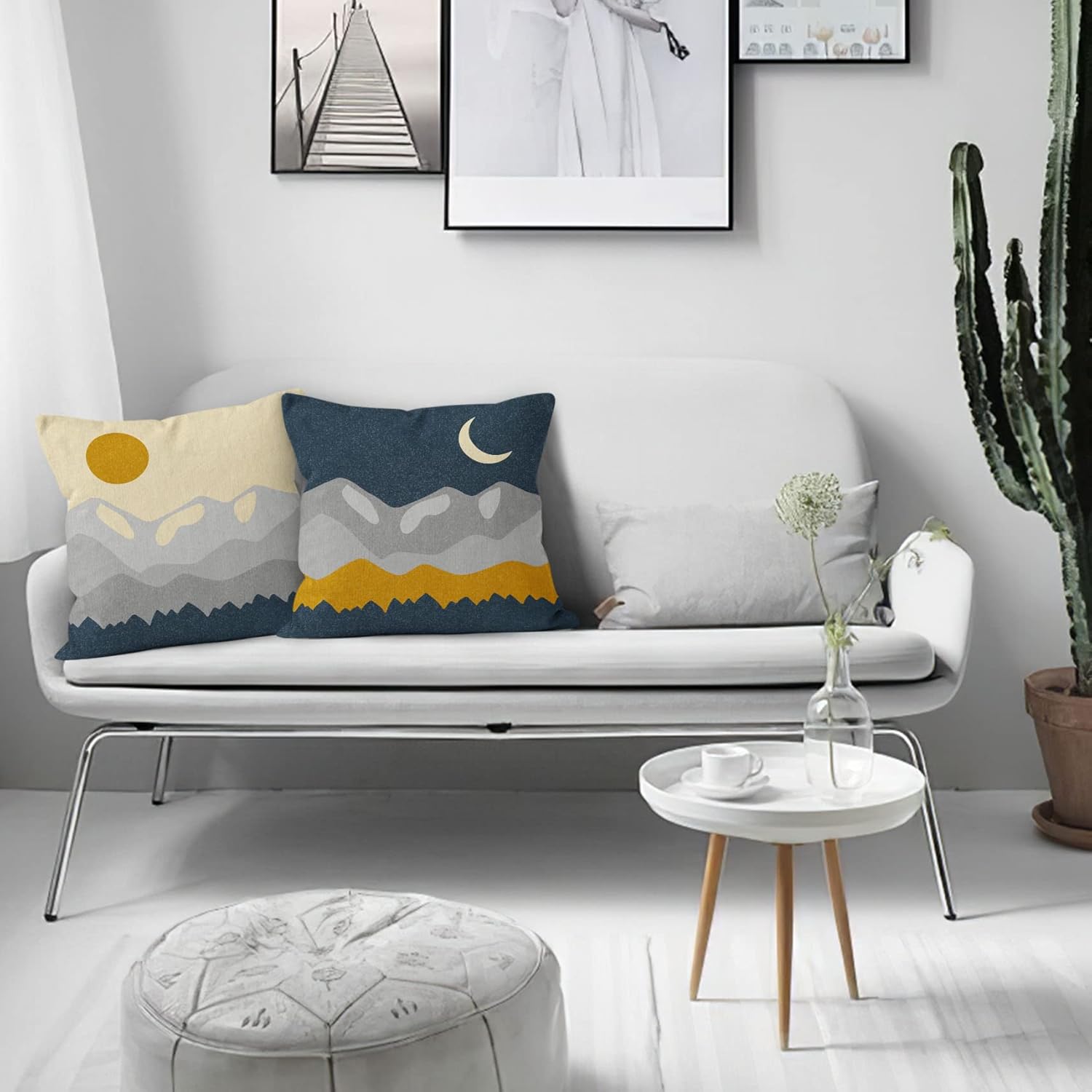 HIWX Funda de almohada decorativa abstracta de estilo bohemio, sol, luna, bosque, montañas, arte moderno, amanecer, puesta de sol, paisaje, para