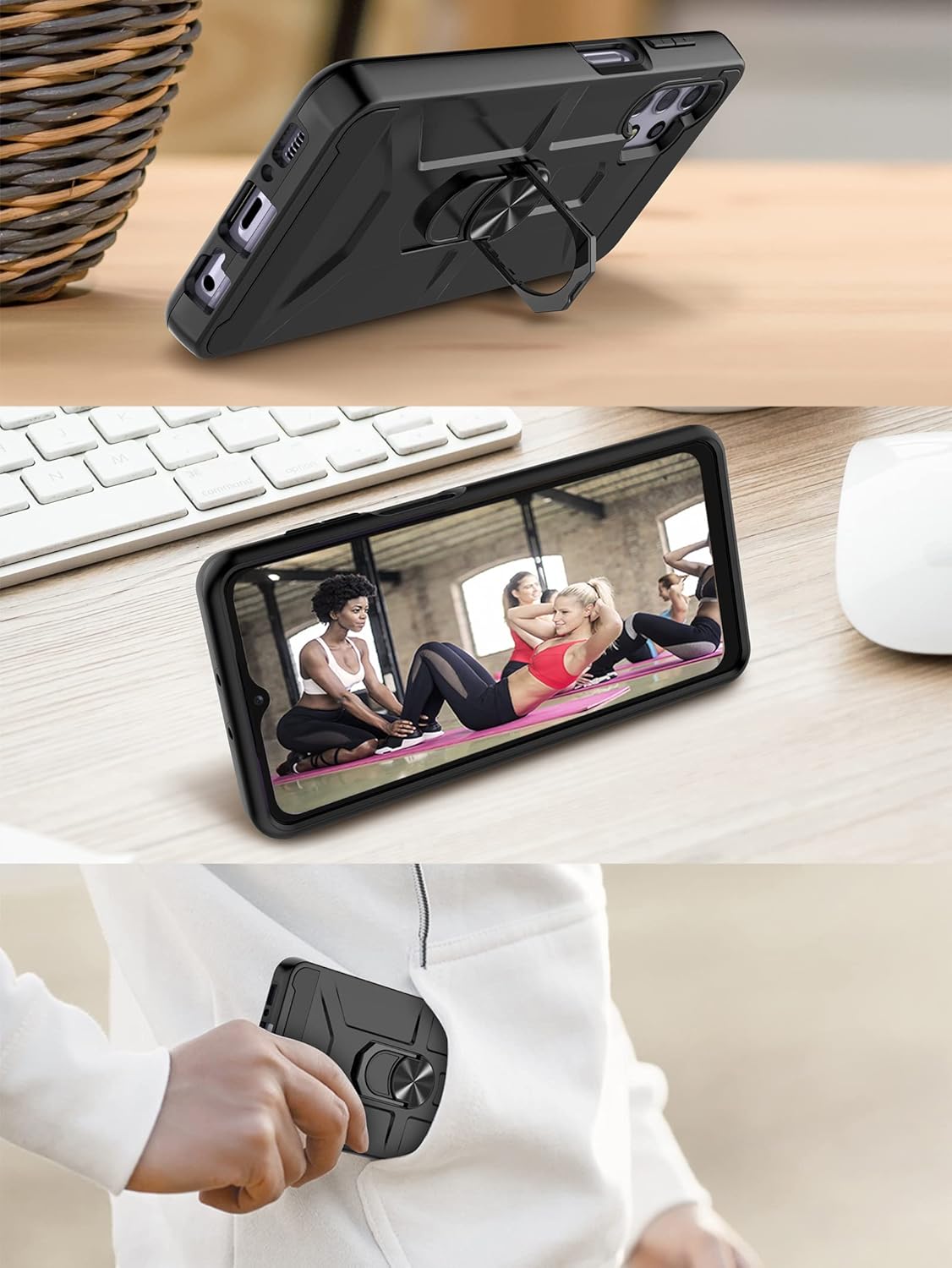 Funda para Galaxy A32 5G, funda para Galaxy A32 5G con 3 protectores de pantalla de vidrio templado, soporte de anillo integrado y soporte magnético