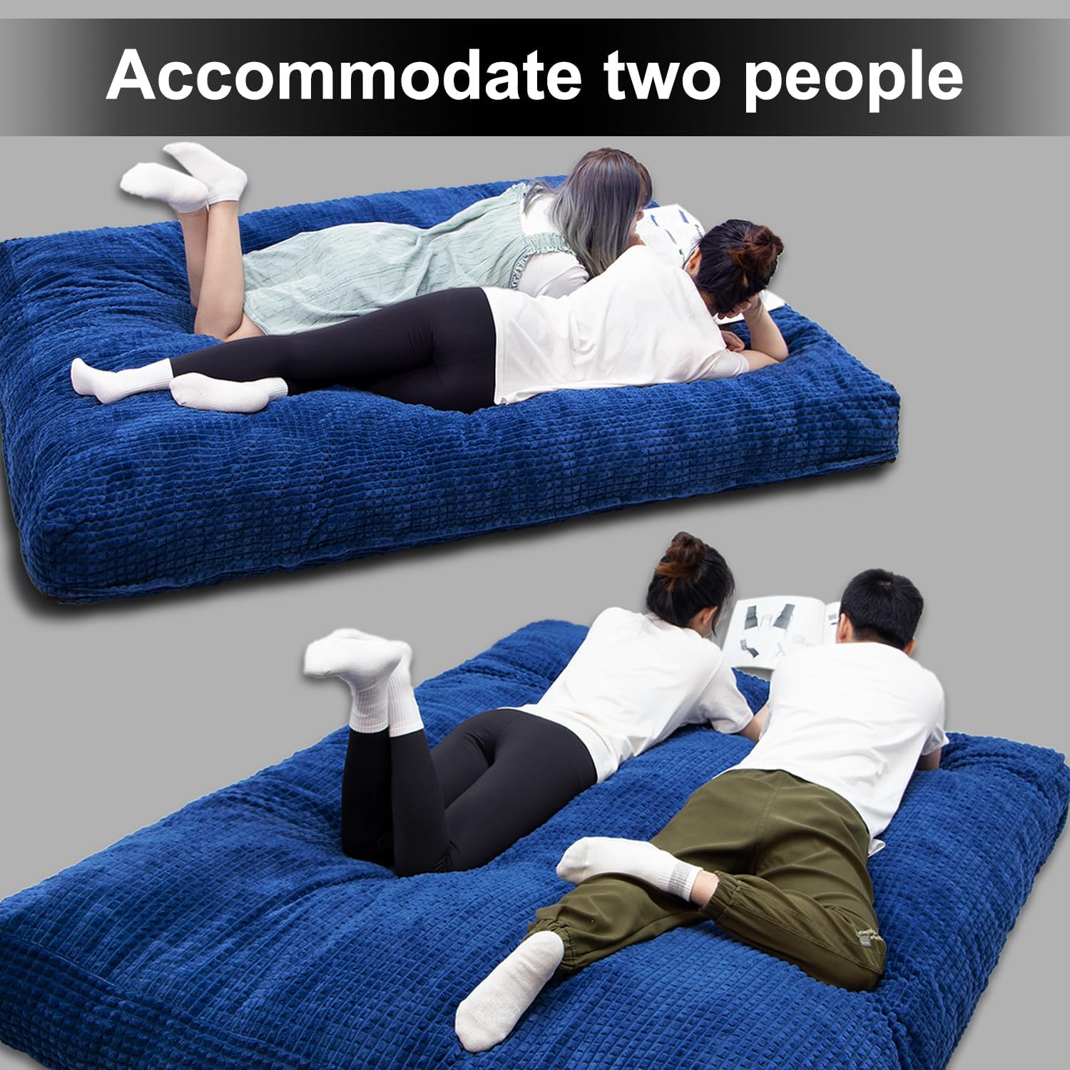 N&V Puf transformable gigante con terciopelo de felpa lavable (azul, matrimonial)