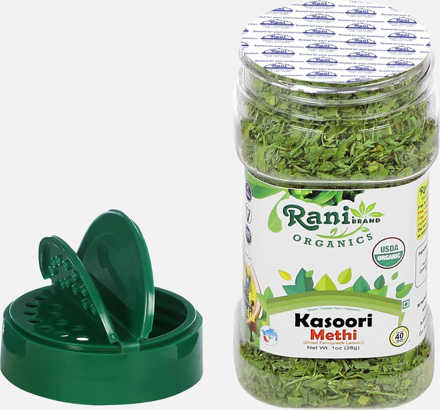 Rani Hojas de fenogreco orgánicas secas (Kasoori Methi) 1 oz (28 g) Tarro PET  Todo natural  Vegano  Apto para gluten  Sin OMG  Origen indio