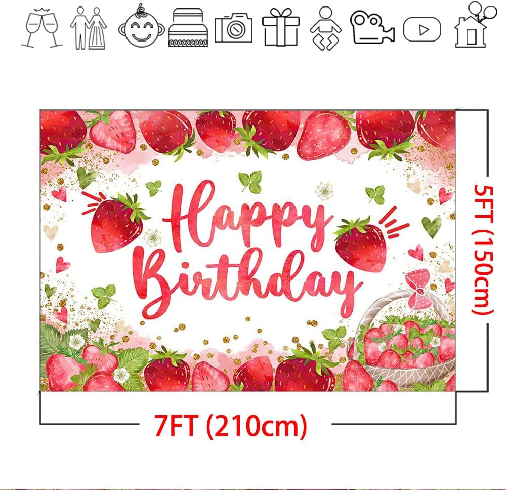 Mocsicka Telón de fondo de cumpleaños de fresa para decoración de fiesta de cumpleaños de niña de fresa, fondo de fotografía de cumpleaños de dulce