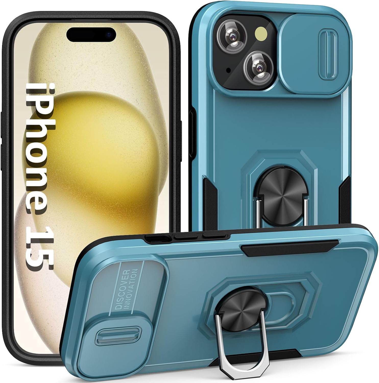ADDIT Funda de teléfono para iPhone 15, funda para iPhone 15, con cubierta deslizante para lente y anillo de soporte, soporte magnético para