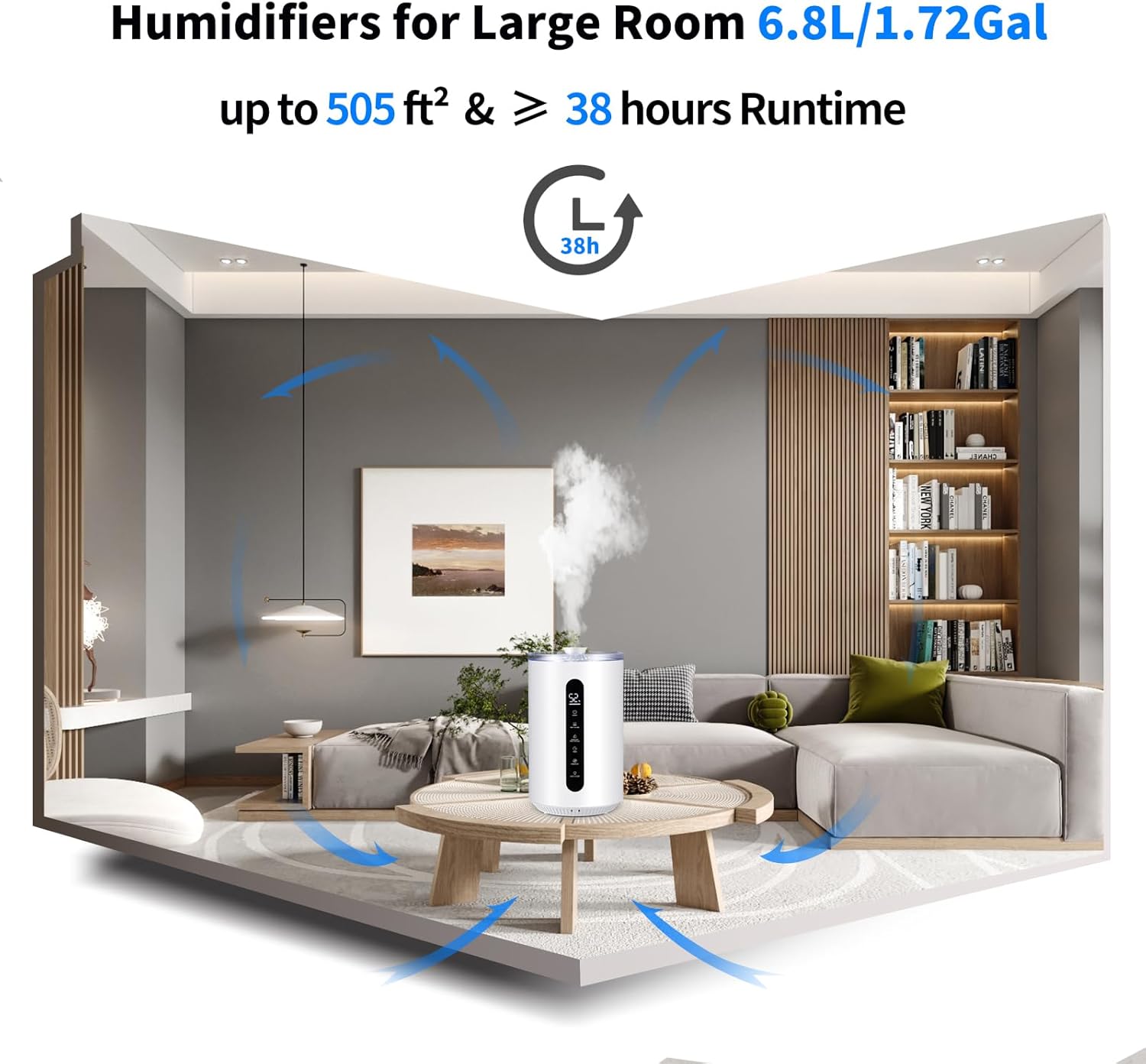 Hioo Humidificadores para habitación grande de 441 pies cuadrados, 1.72 galones 6.8 L humidificador ultrasónico de niebla cálida y fría para