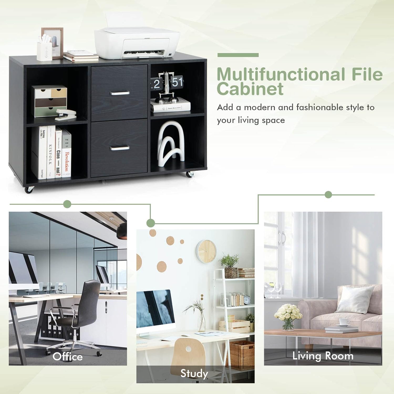 Archivador de 2 cajones, archivador lateral con estantes y ruedas, aparador de buffet negro, gabinete de almacenamiento rodante, gabinetes de madera