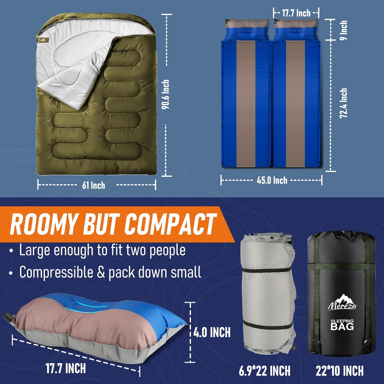 MEREZA Almohadilla de dormir de espuma viscoelástica autoinflable+sacos de dormir para 2 personas, 3 pulgadas de grosor, doble almohadilla de