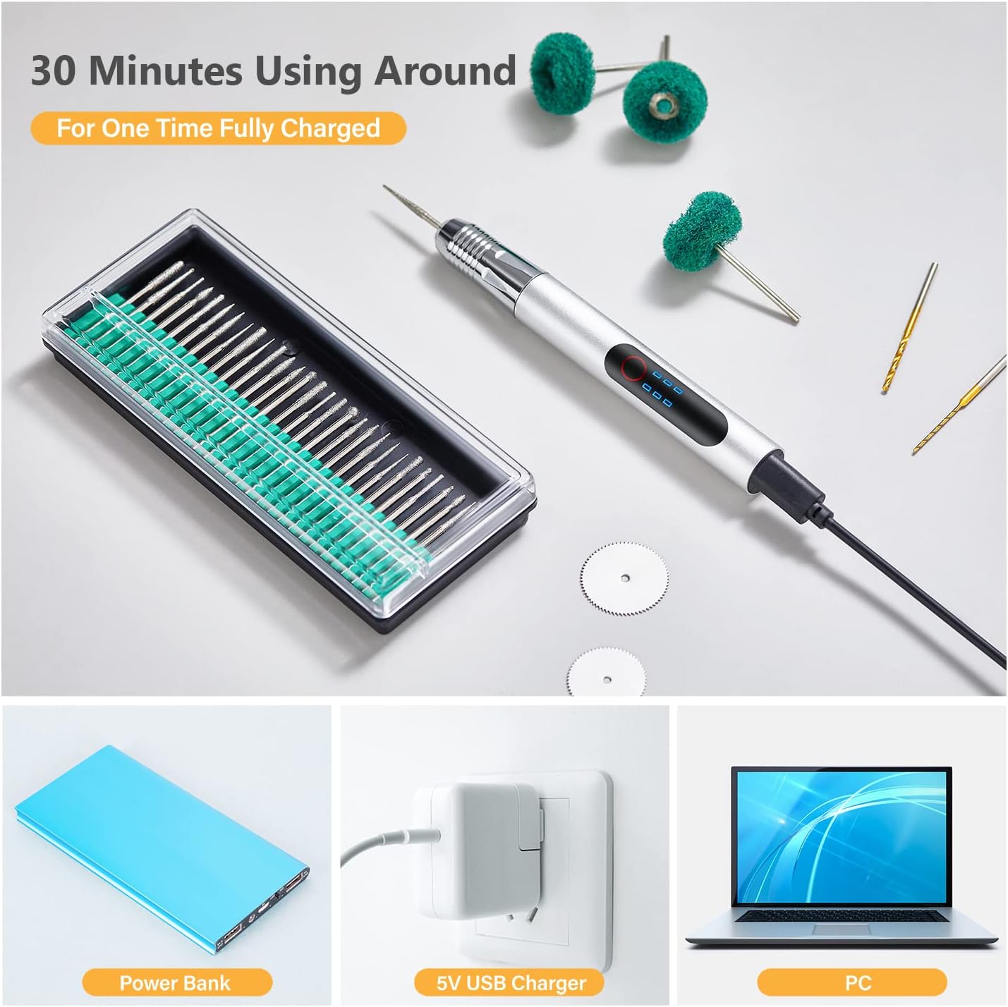 Bolígrafo de grabado inalámbrico, recargable USB tipo C, herramientas rotativas con 34 brocas y rueda de pulido para vidrio, metal, plástico, joyas,