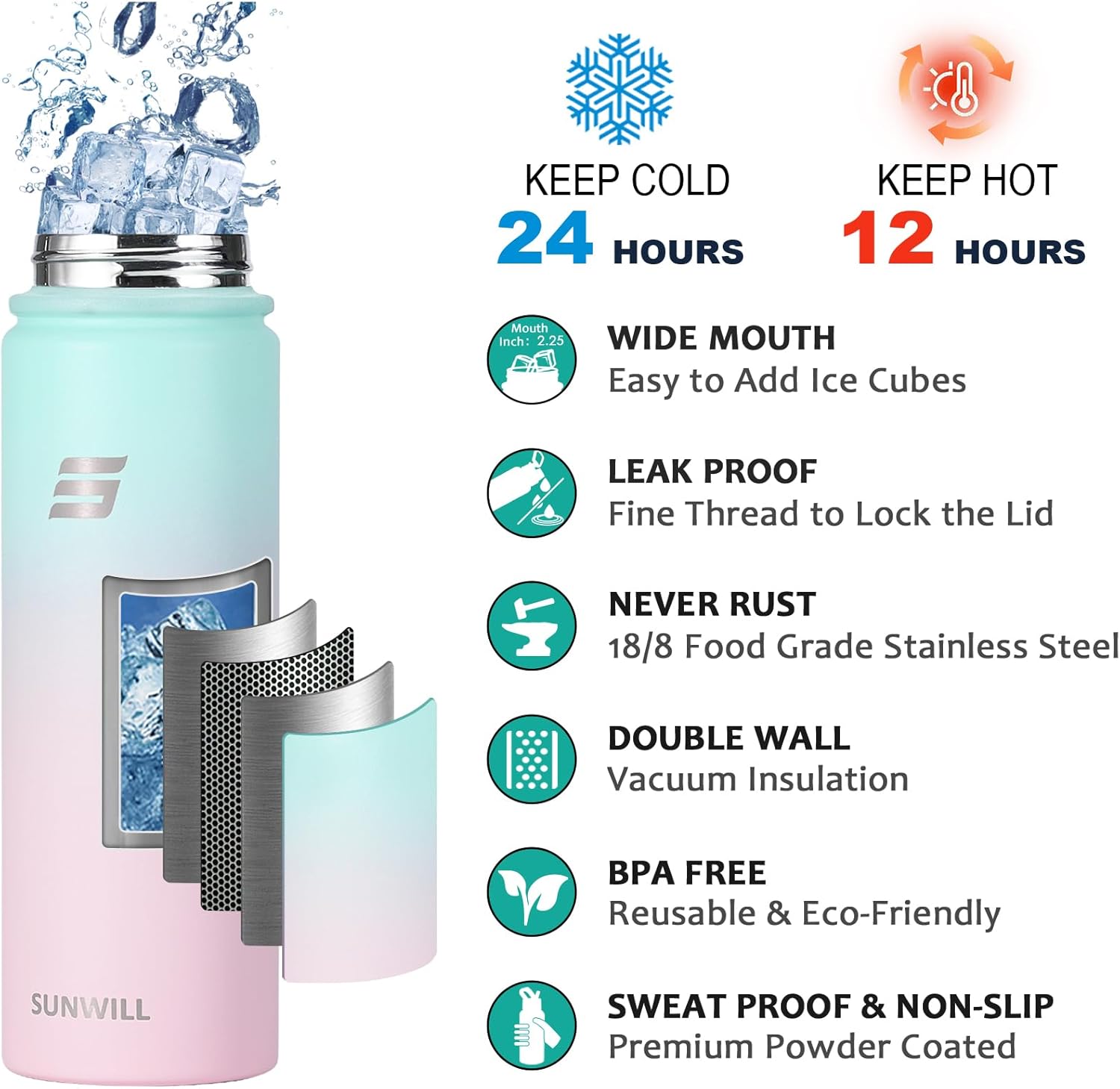 SUNWILL Botella de agua aislada con popote, botella de agua para deportes y viajes, 22 onzas, acero inoxidable de doble pared, apta para portavasos,