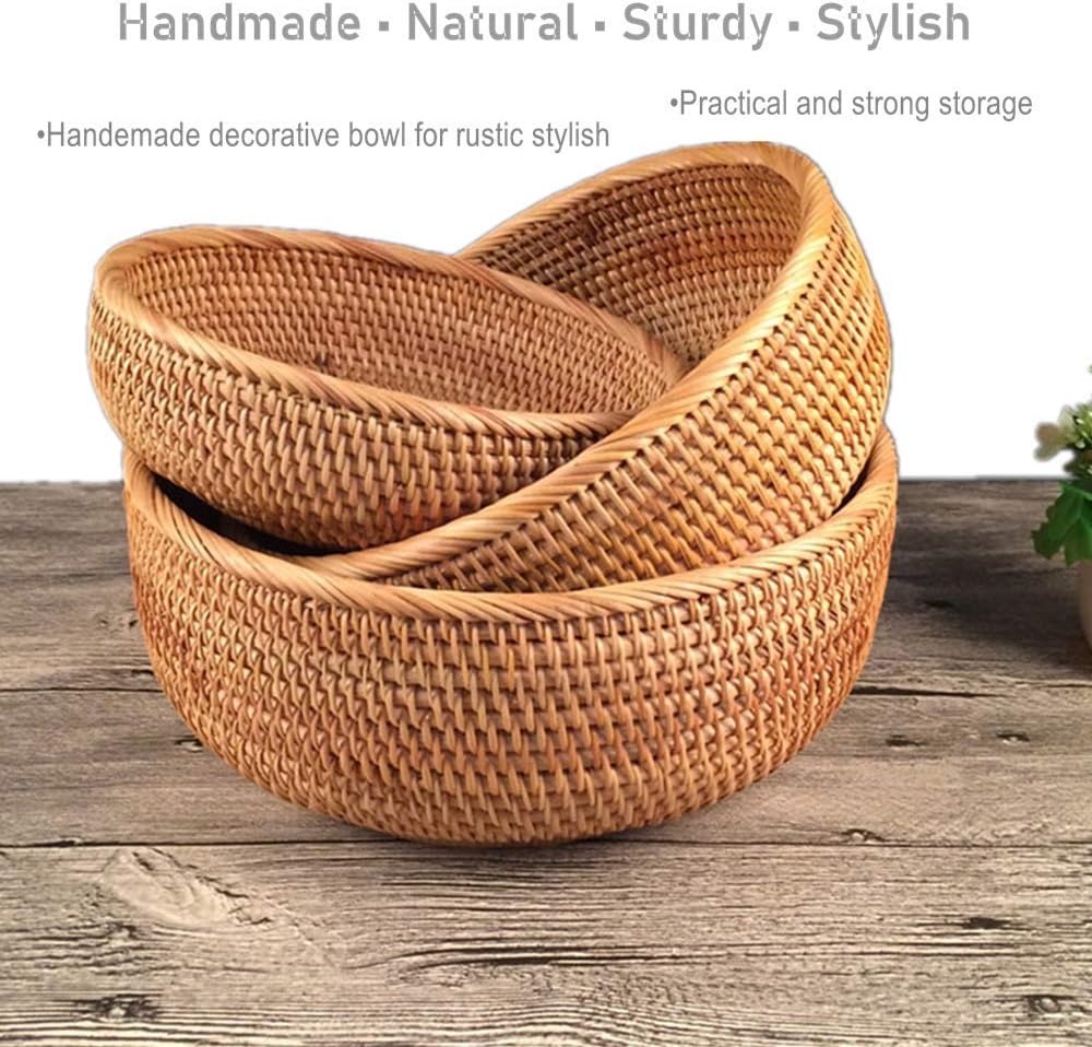 amololo Hadewoven – Cesta redonda de ratán para frutas, bandeja de mimbre para alimentos, soporte de almacenamiento para comedor, bandeja pequeña de