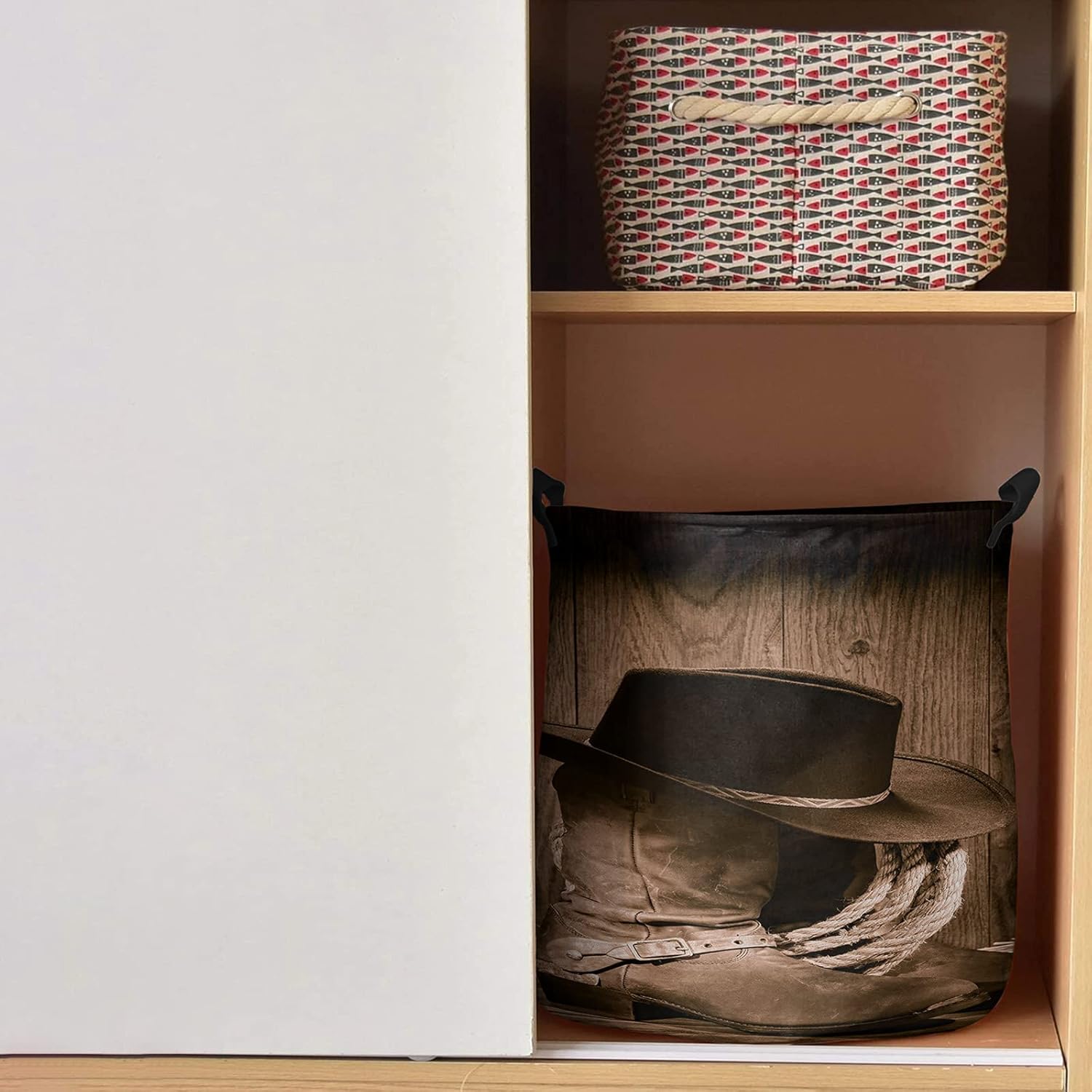 Cestas grandes de tela Oxford para la ropa sucia, plegable, impermeable, cesta de lavado rústica, sombrero de vaquero, botas y cuerda de rancho