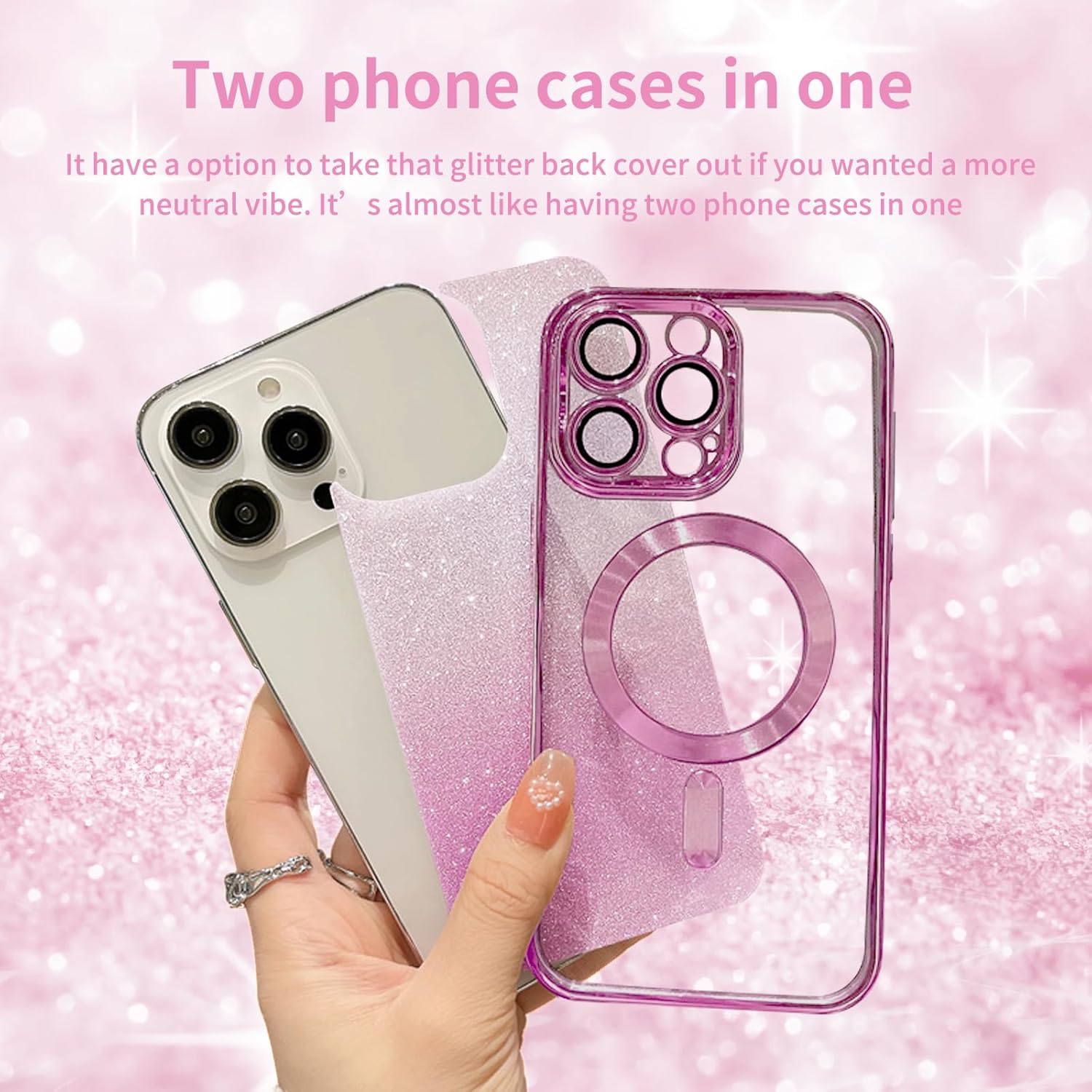 Funda magnética con purpurina para iPhone 15 Pro Max compatible con MagSafe, con protector de lente de cámara y correa de cordón, bonita funda