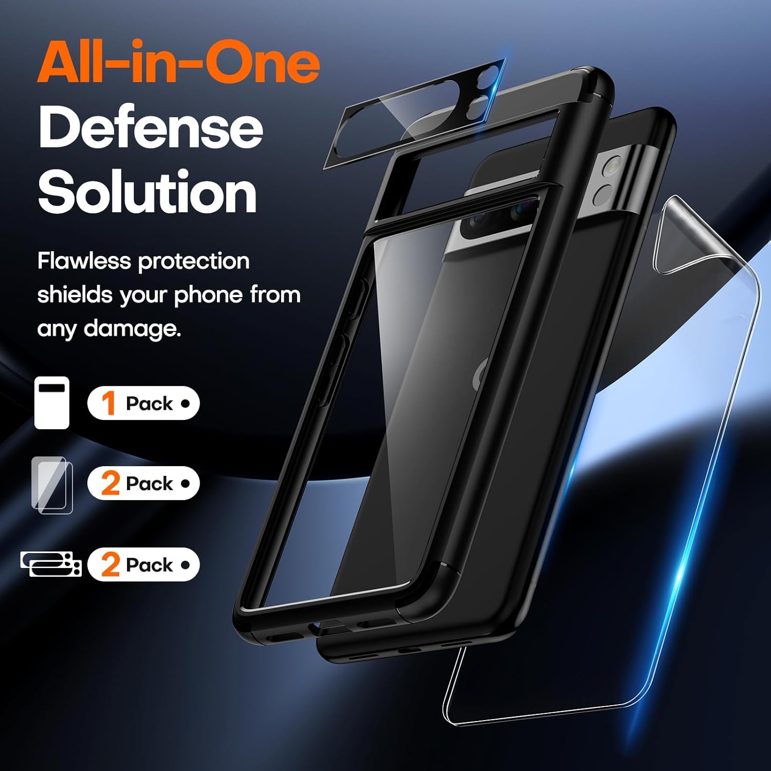 TAURI Funda 5 en 1 para Pixel 8 Pro, no amarillenta con 2 protectores de pantalla de película de poliuretano termoplástico + 2 protectores de lente