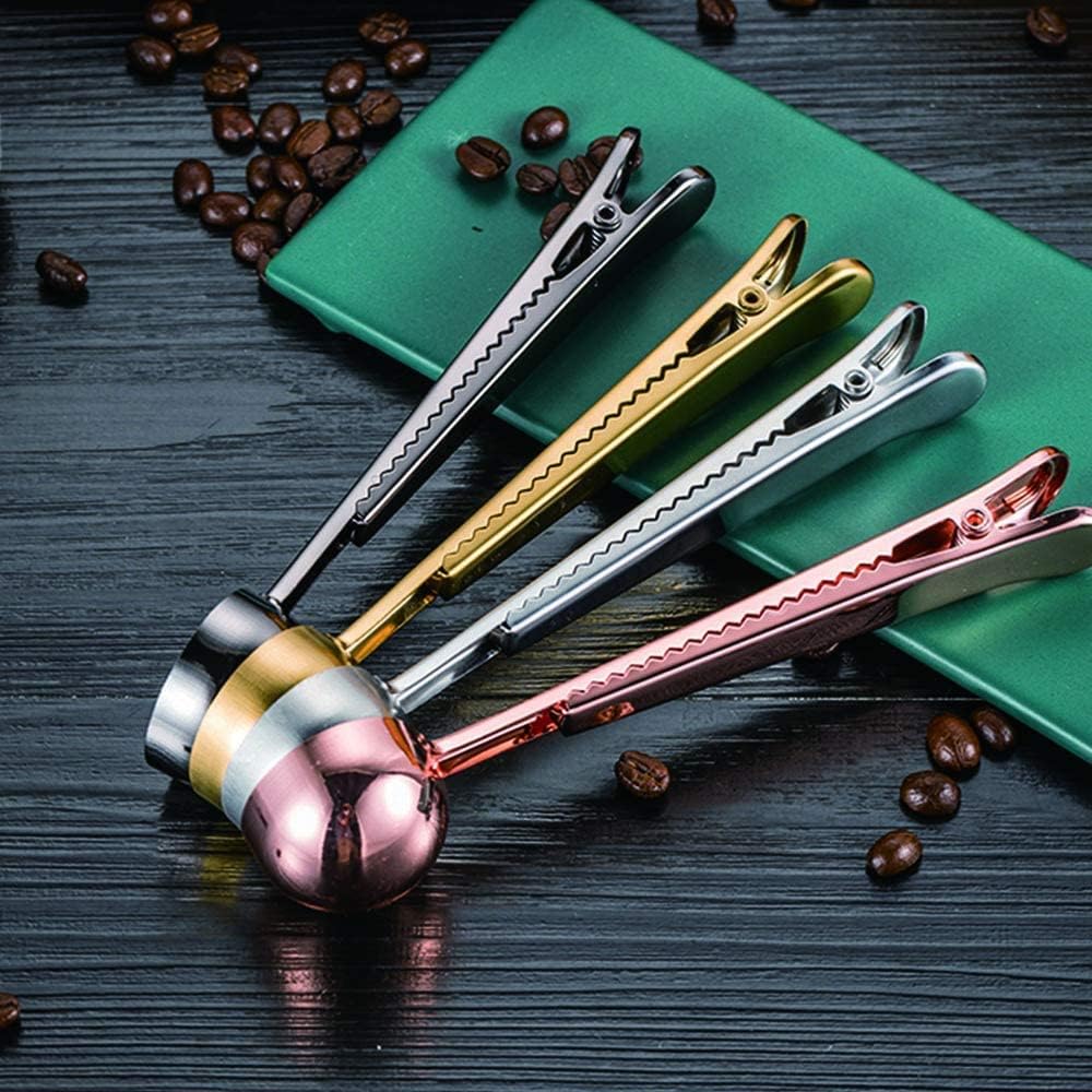 Paquete de 2 cucharas de café, cucharas medidoras de acero inoxidable con clip para bolsa de café molido, expreso, granos de café (oro rosa y oro