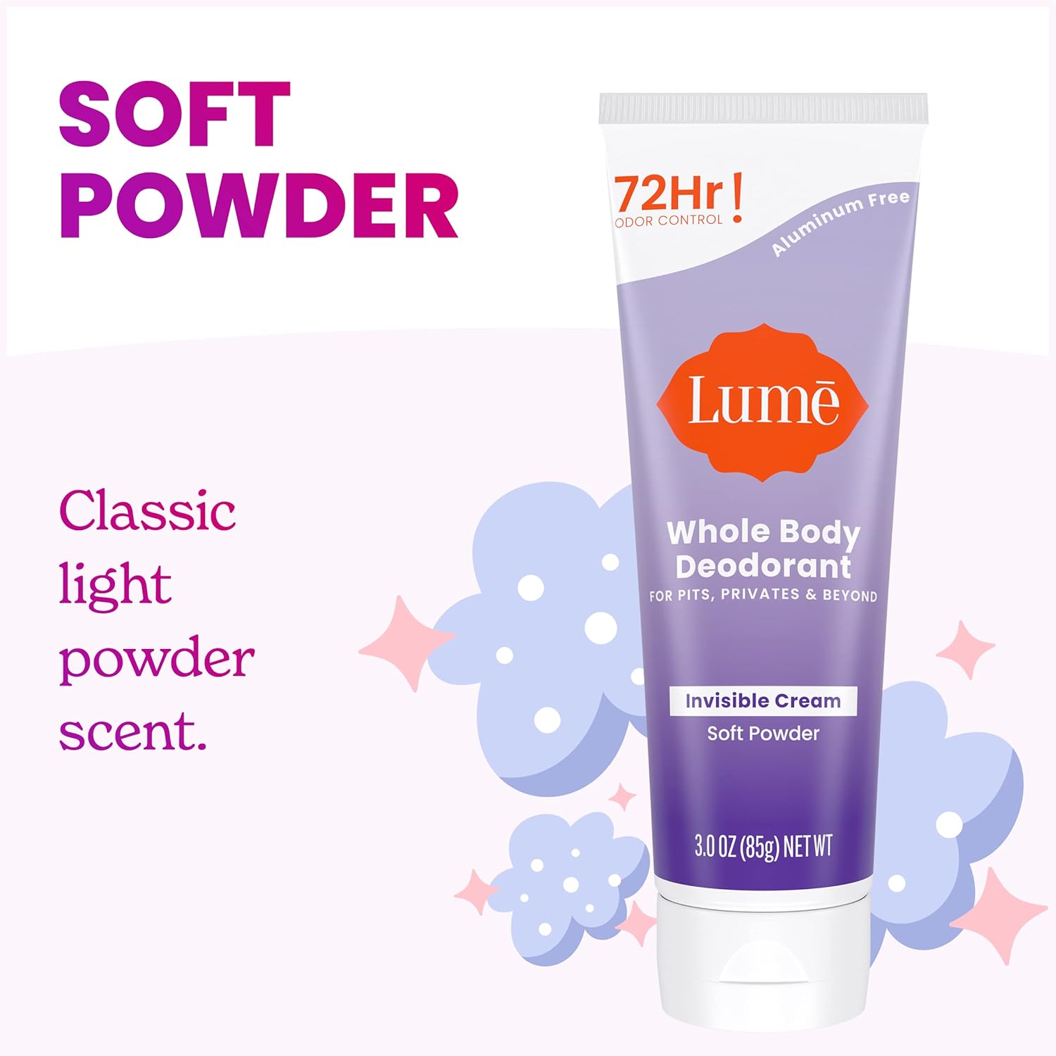 Lume – Desodorante para todo el cuerpo, Tubo de crema invisible, control de olores por 72 horas, sin aluminio, sin bicarbonato de sodio, seguro para