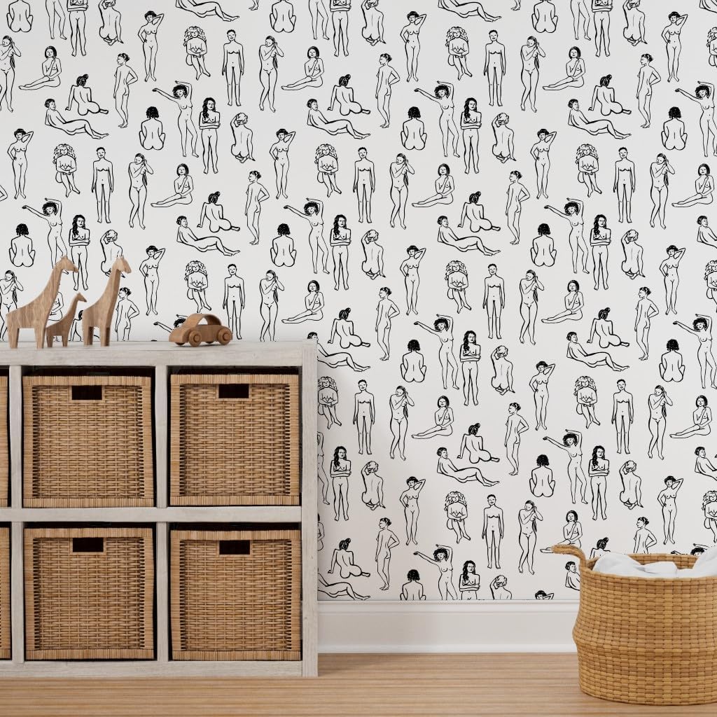 Spoonflower Papel tapiz para despegar y pegar – Mujeres Blanco Negro Mujer Niña Poder Vida Dibujo Cuerpo Mujer Salud Personalizado Papel pintado