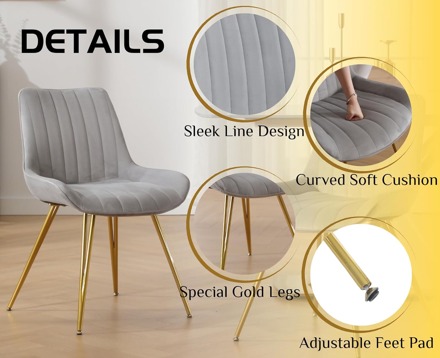 EALSON Juego de 2 sillas de comedor modernas tapizadas de terciopelo con patas de metal dorado, cómodas sillas de cocina acolchadas y sin brazos