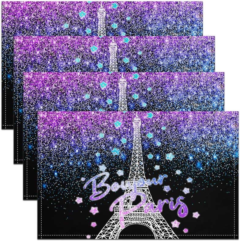 Juego de 4 manteles individuales de torre Eiffel para mesa de comedor, con purpurina, para niños, decoración de cocina, cena, decoración de