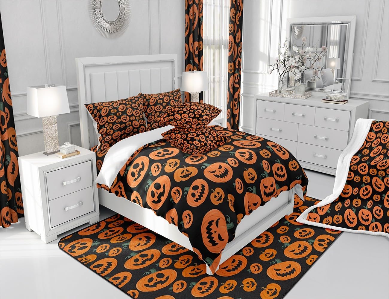 Feelyou Juego de sábanas de Halloween tamaño King con farol de calabaza para niños y niñas, sábanas de truco o trato con sábana bajera de bolsillo