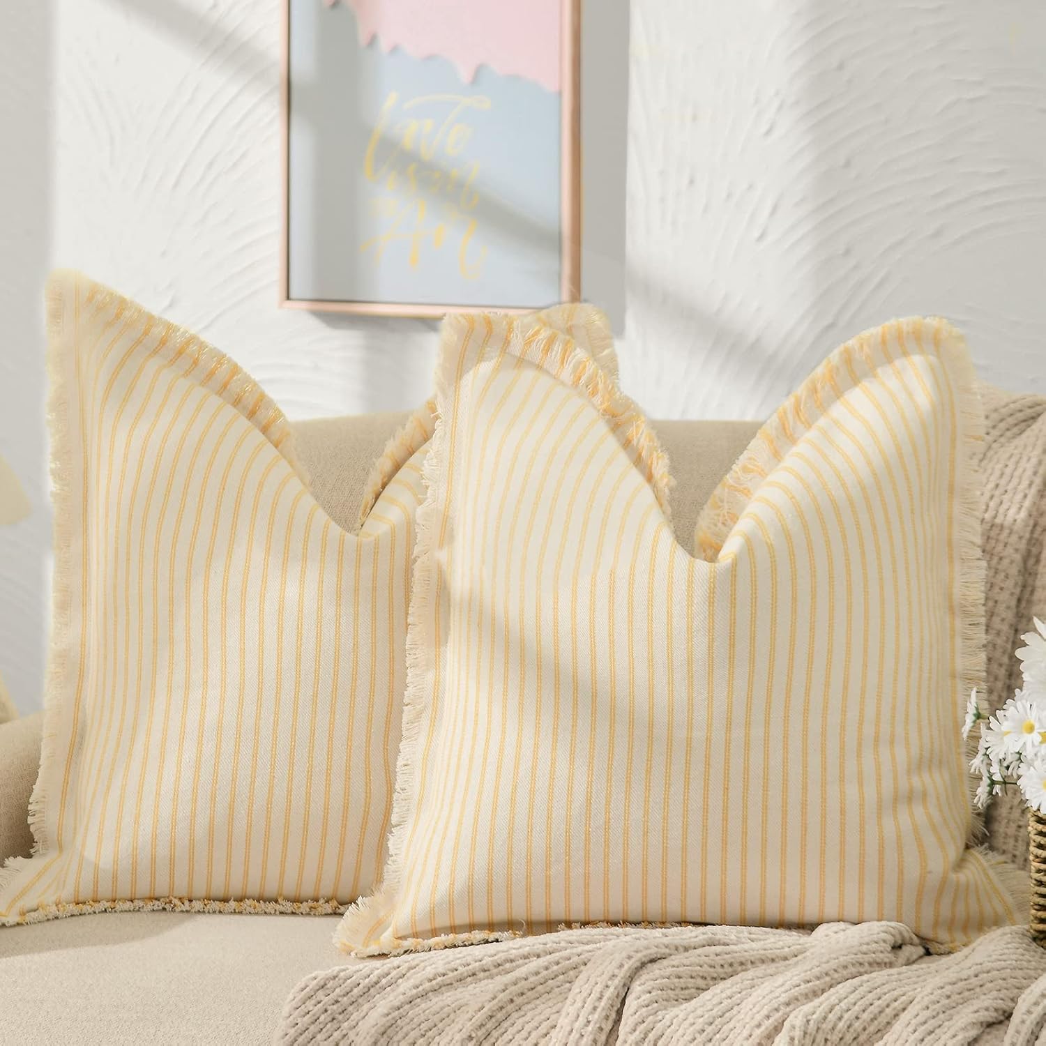 ZWJD Juego de 2 fundas de almohada de 18 x 18 pulgadas, a rayas con flecos, de algodón, decorativas, cuadradas, para sofá, cama, sala de estar,