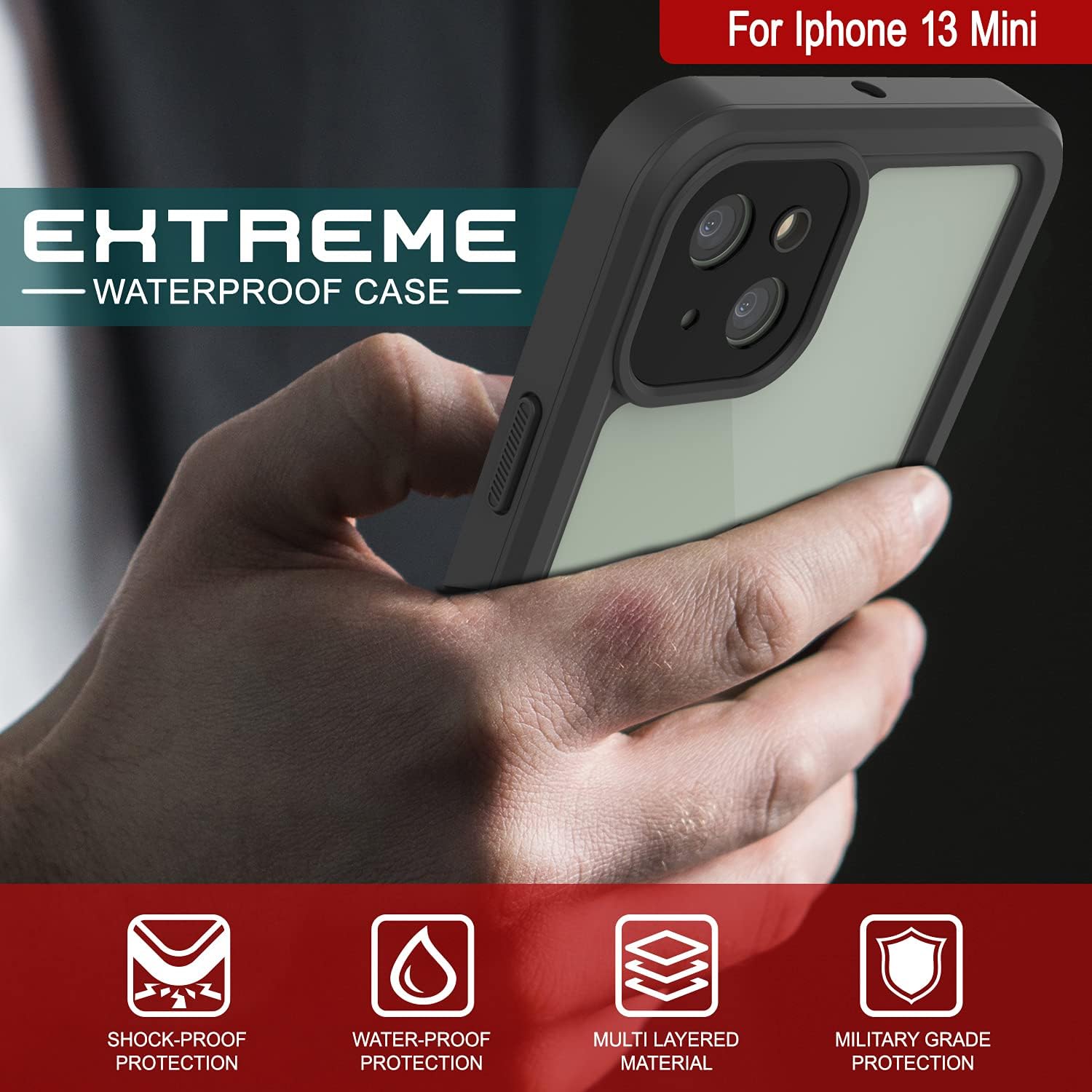 Punkcase Funda impermeable para iPhone 13 Mini Extreme Series Slim Fit Certificado IP68 a prueba de golpes a prueba de nieve con protector de