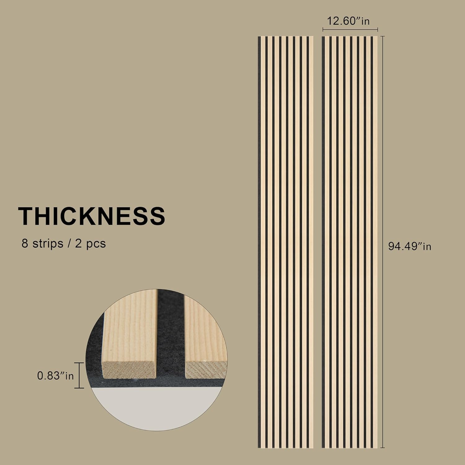 ROOMTEC Paquete de 2 paneles acústicos de pared de madera maciza, paneles de pared insonorizados de 94.49 x 12.6 pulgadas, paneles de pared de