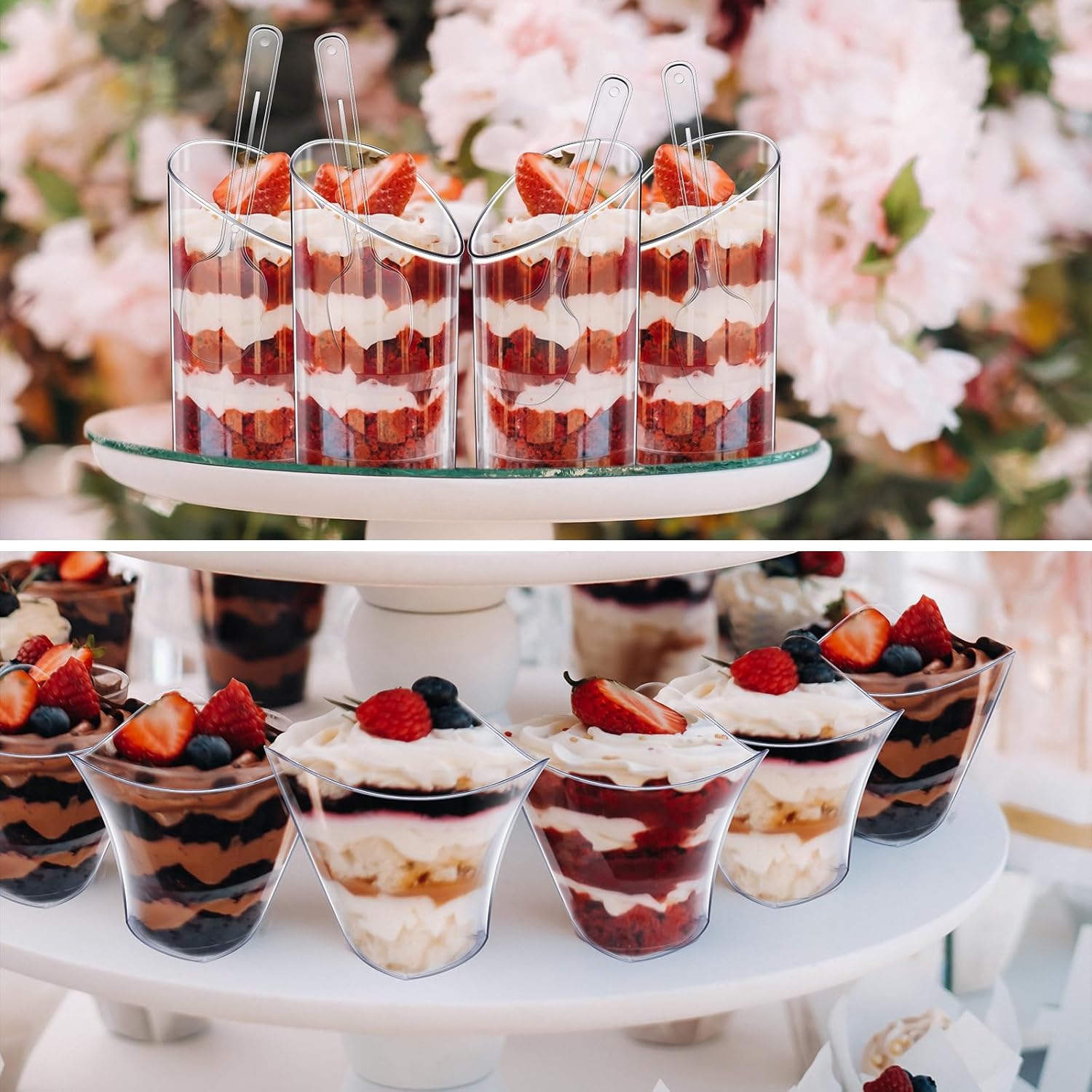 Funtery Paquete de 300 mini tazas de postre con cucharas de plástico transparente Parfait taza redonda inclinada para postres tiradores de postres