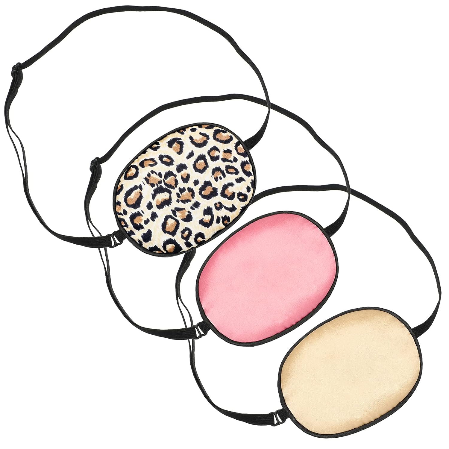 Parche de seda para ojos de 3 piezas, parche elástico para ojos perezosos, parche ajustable para un solo ojo con correa elástica (leopardo, champán,