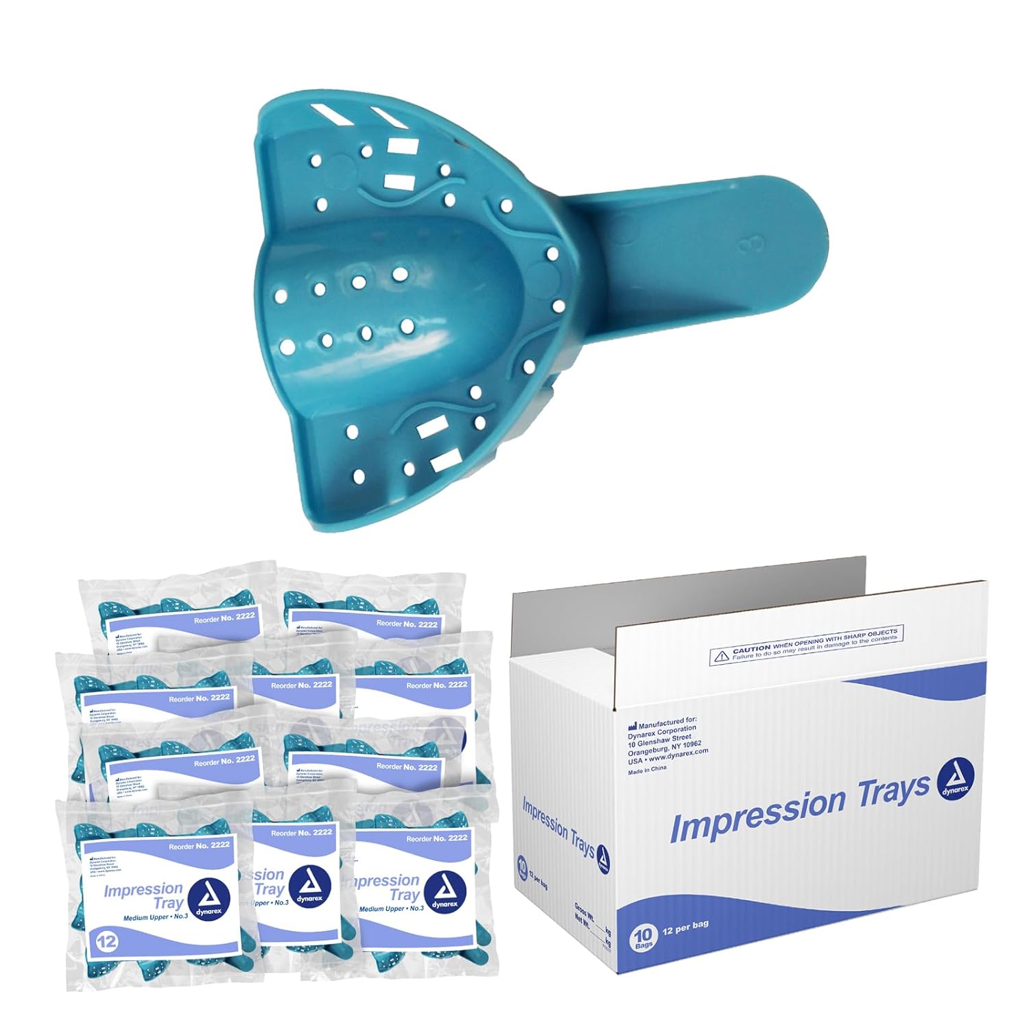 Dynarex Bandejas de impresión dental  Bandeja dental perforada, asas ergonómicas, sin látex de goma natural, tamaño superior mediano No. 3-12 piezas