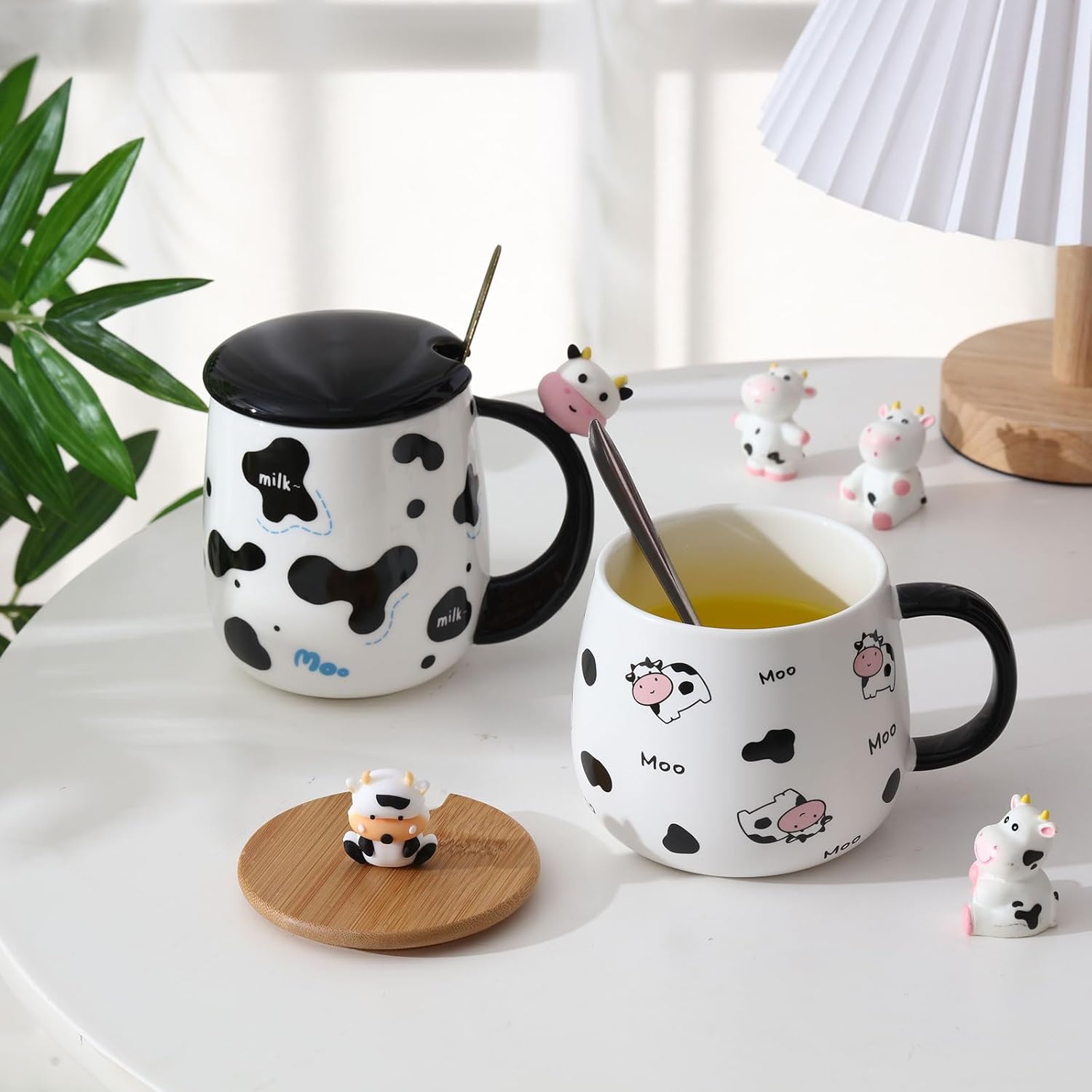 2 tazas de café de vaca navideña, tazas de café de vaca de cerámica con cuchara y tapa, tazas de vaca, divertidas tazas de animales en 3D, regalos