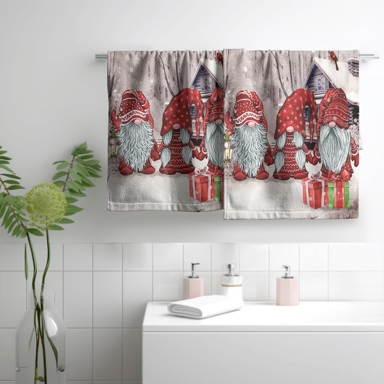 Toallas de mano de gnomos de invierno para baño, diseño de pájaros cardenales rojos, copos de nieve, toallas de cocina de bosque nevado rosa,