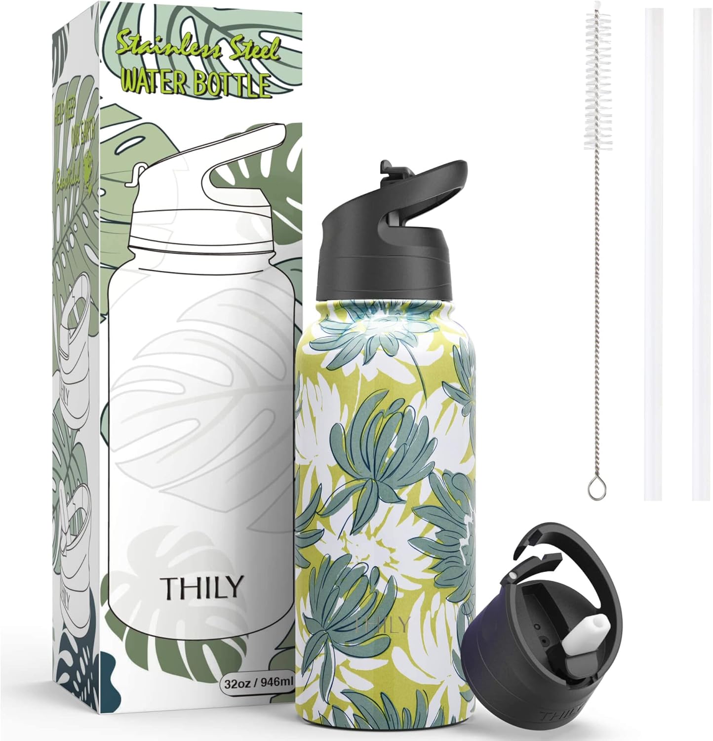 THILY – Botella de agua aislada de acero inoxidable, con triple aislamiento, 32 onzas, a prueba de fugas, boca ancha, reutilizable, con 2 tapas y