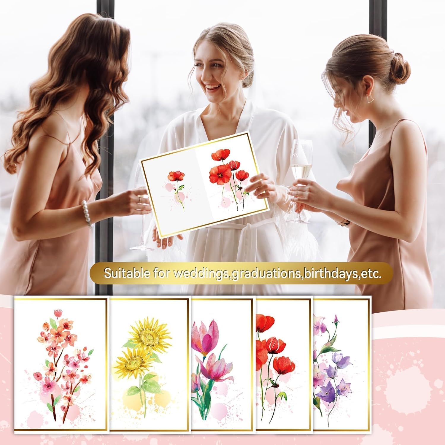 gisgfim 5 tarjetas de flores de acuarela jumbo, tarjeta de felicitación floral grande, diseños de lámina dorada con sobres, libro de invitados