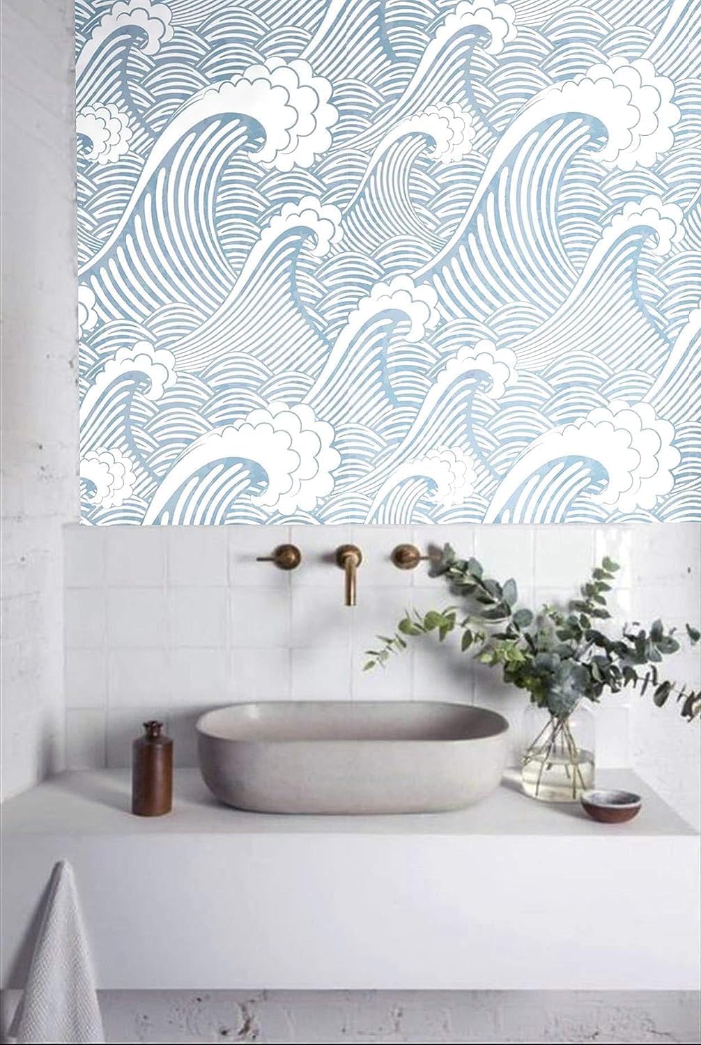 Blooming Wall PS030 – Papel pintado a mano para despegar y pegar, sin costuras, color azul y blanco, papel pintado autoadhesivo con olas, papel