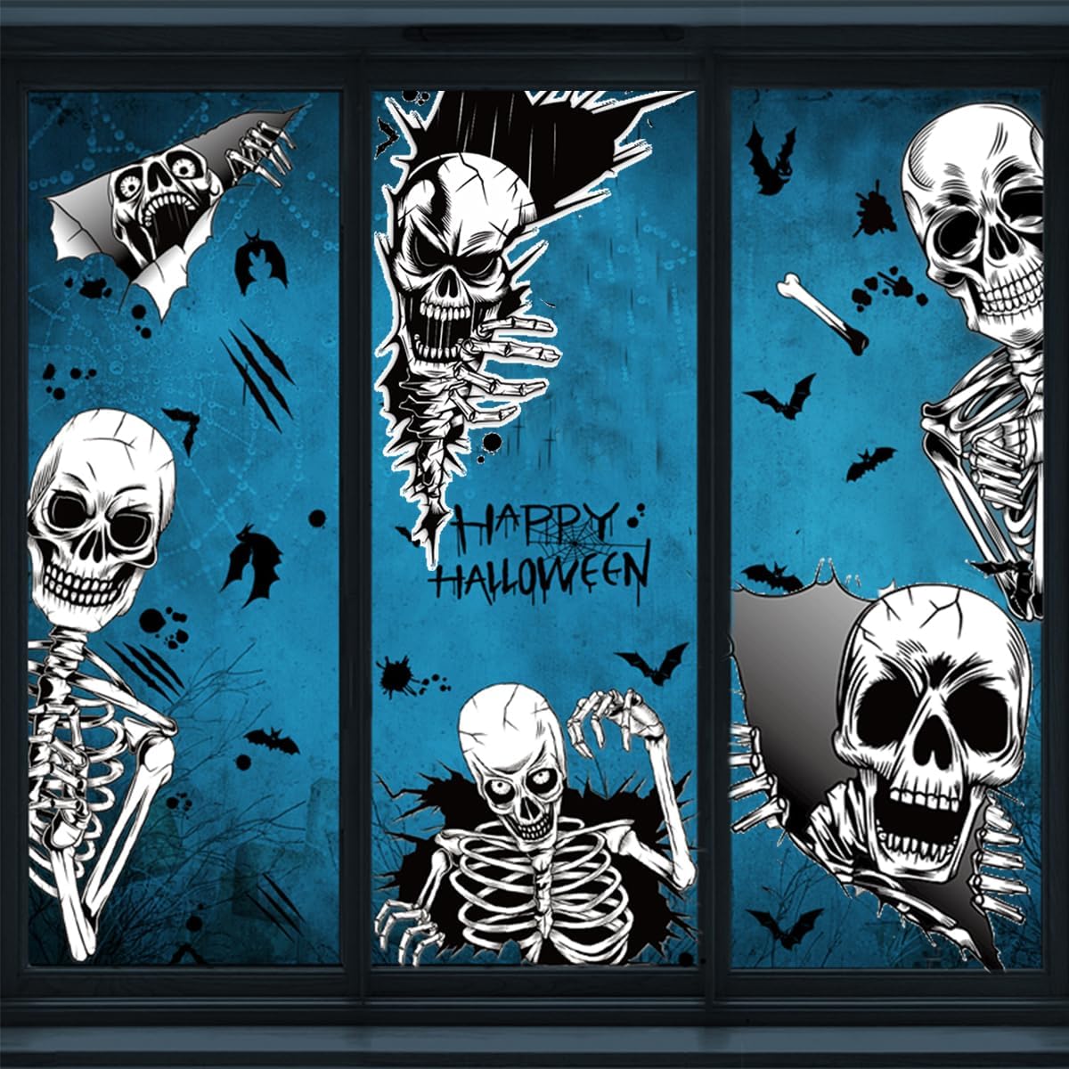 4 calcomanías de calavera de Halloween para ventana, calcomanías de pared de esqueleto de doble cara, extraíbles de Halloween, esqueleto de calavera