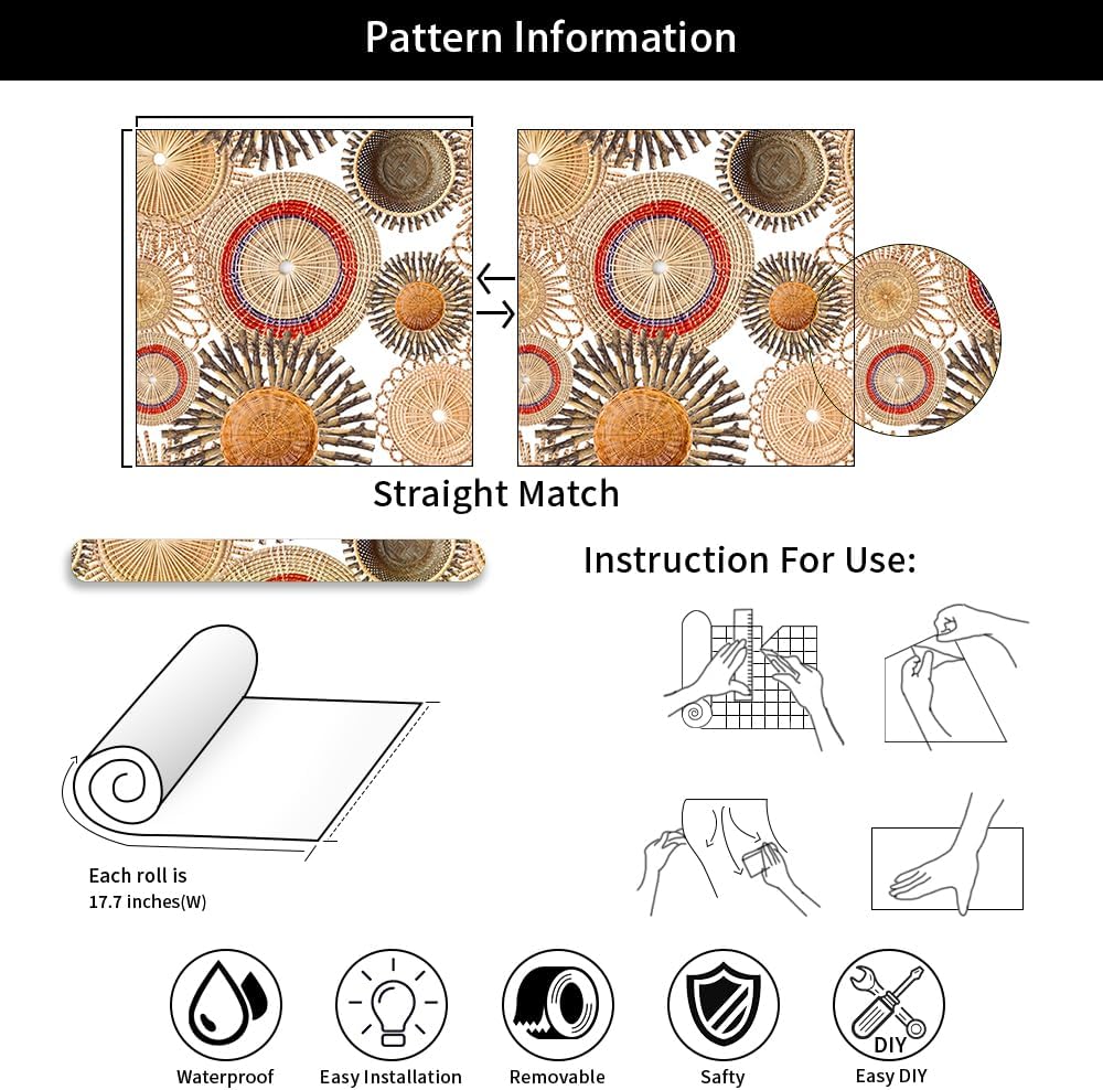 Canastas bohemias para decoración de pared, papel tapiz autoadhesivo extraíble, fácil de despegar, papel de contacto, para dormitorio, gabinete,