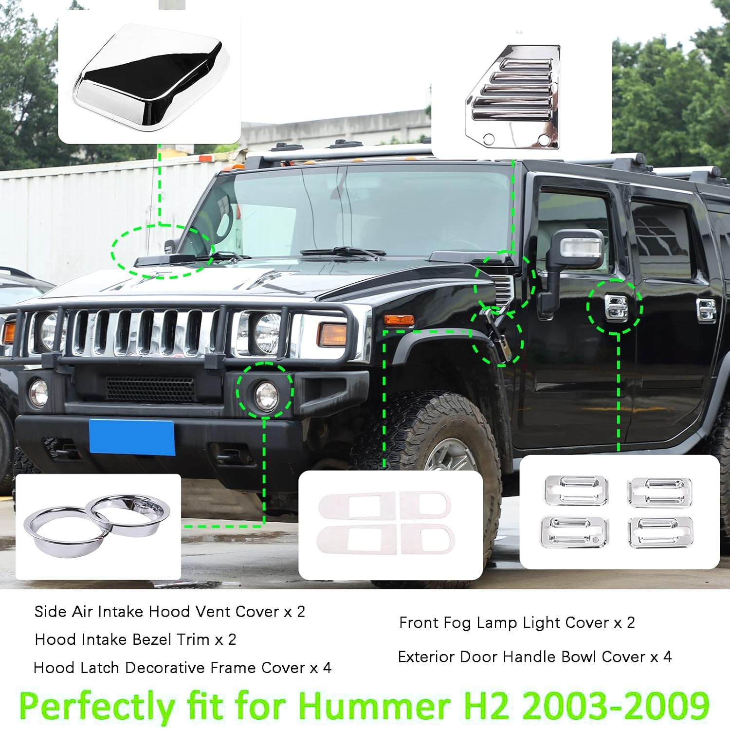 PIUGILH Juego completo de 14 piezas de decoración exterior para Hummer H2 2003-2009, cubierta de ventilación de campana de entrada de aire lateral,